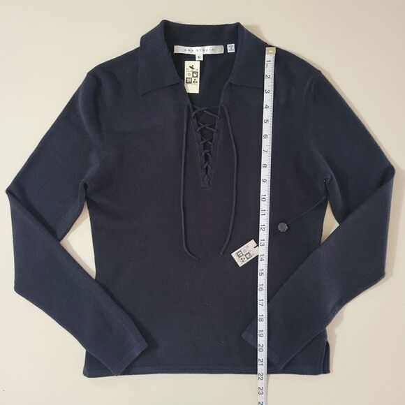 Max Studio Black Lace-up Collared Long Sleeve Pullover Sweater - Picture 4 of 11